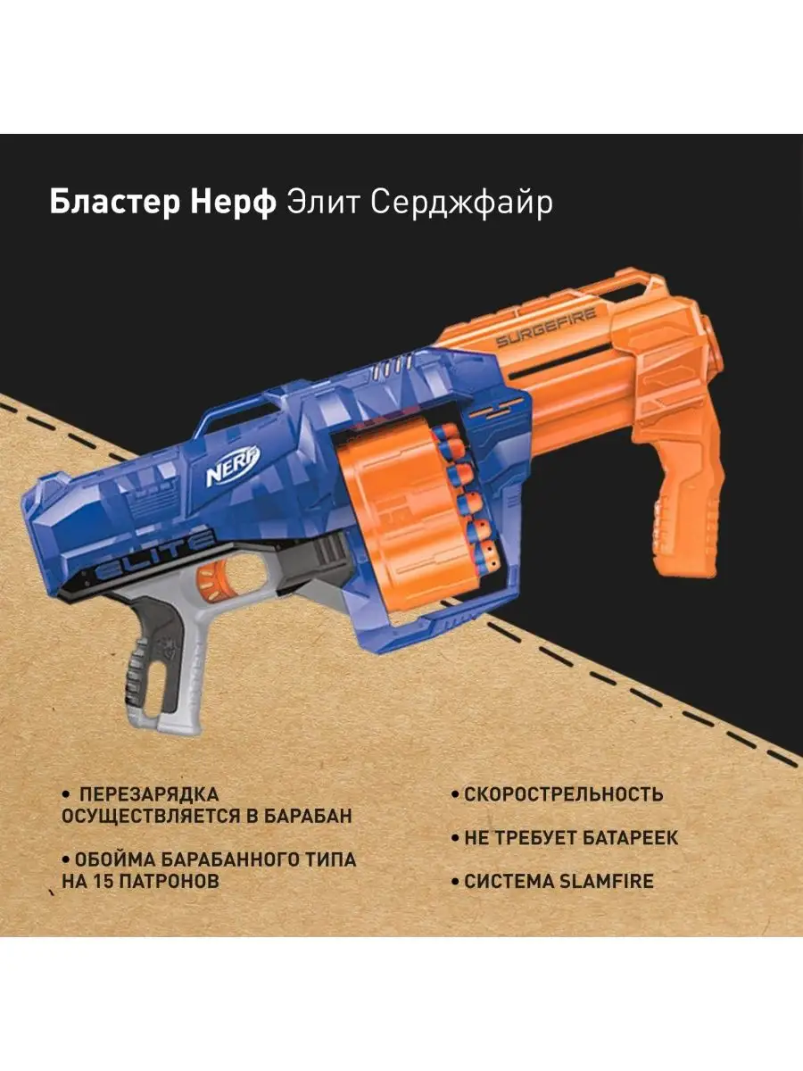 Бластер Нерф Элит Серджфайр автомат пулемет игрушечный NERF купить по цене  213,24 р. в интернет-магазине Wildberries в Беларуси | 138025837