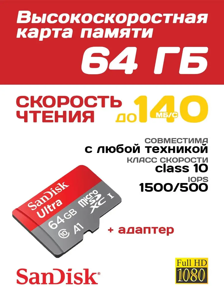 Карта памяти micro SD 64 гб 10 class микро сд Sandisk купить по цене 36,75  р. в интернет-магазине Wildberries в Беларуси | 150345007