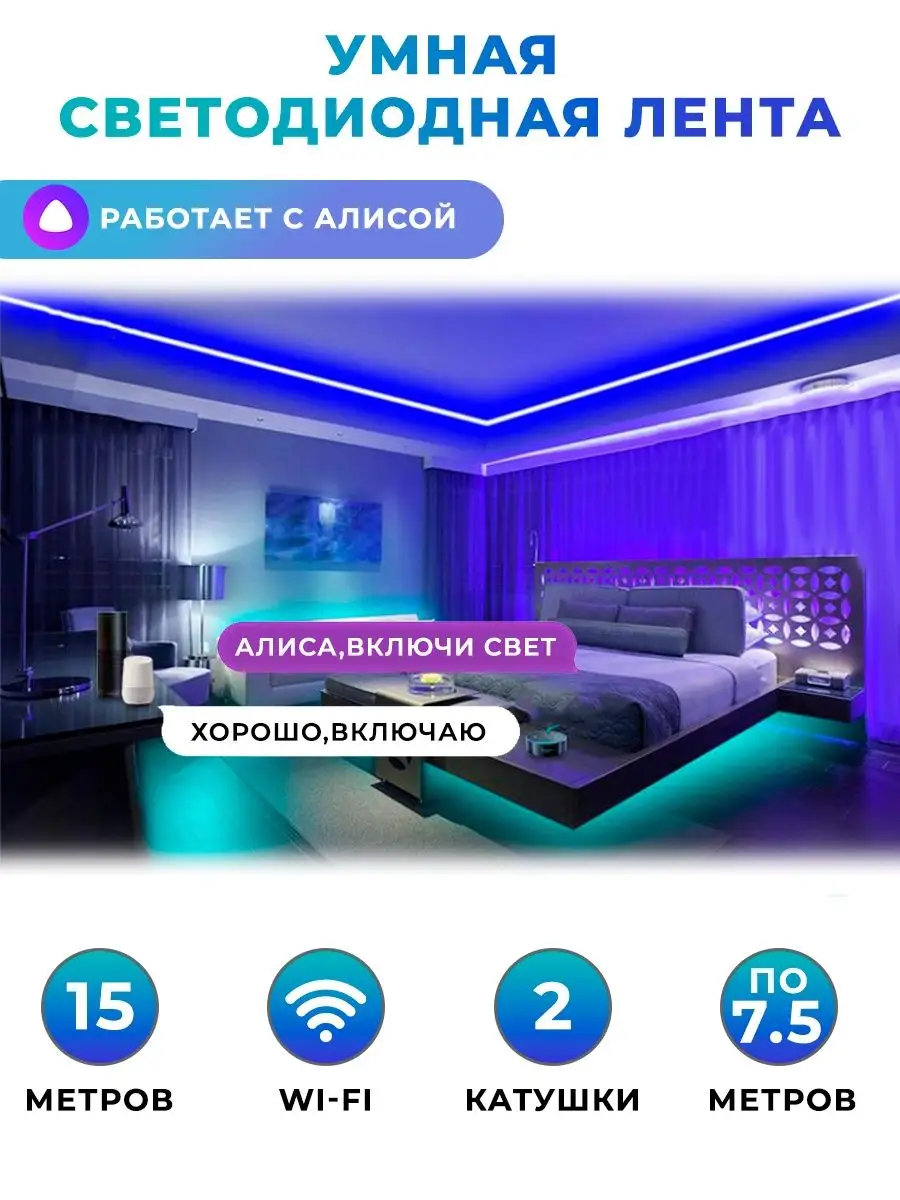 Светодиодная лента с пультом многоцветная RGB Алиса wi-fi Led lamp N1  купить по цене 1 239 ₽ в интернет-магазине Wildberries | 151325608