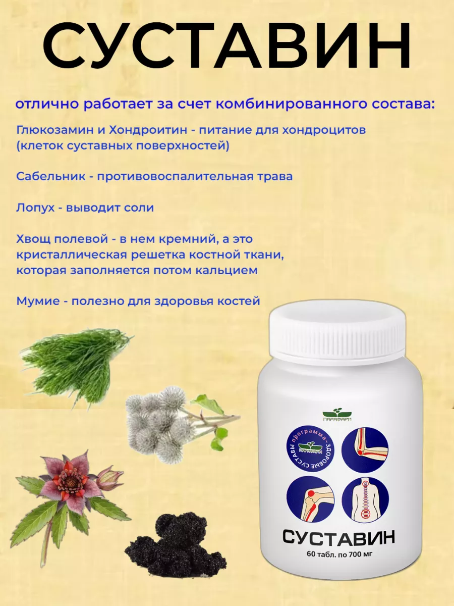 СУСТАВИН для суставов 60 таблеток по 700 мг ООО Парафарм купить по цене 606  ₽ в интернет-магазине Wildberries | 151582769