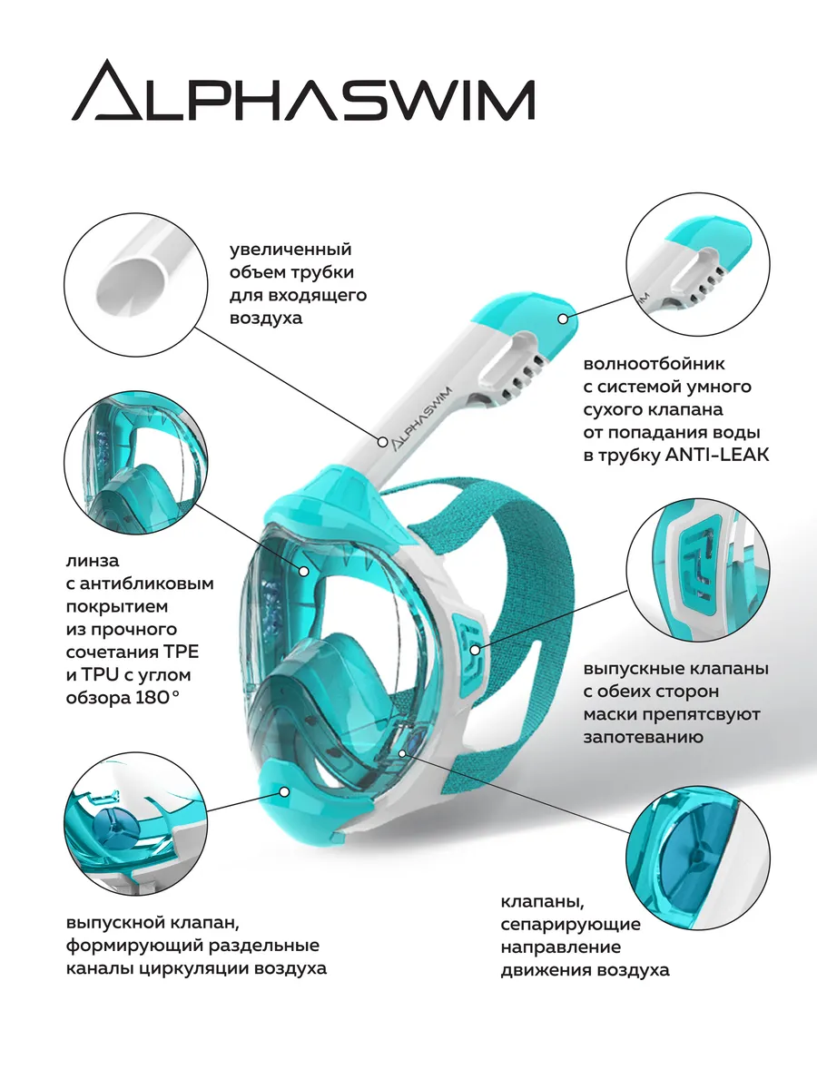 Маска для плавания снорклинга полнолицевая с трубкой ALPHA SWIM купить по  цене 2 987 ₽ в интернет-магазине Wildberries | 152554130