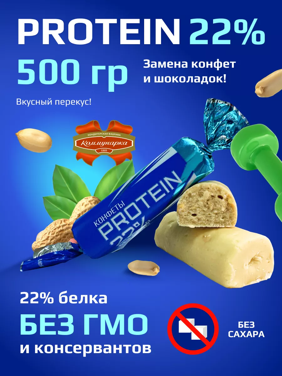 Протеиновые конфеты без сахара «PROTEIN 22%» от Коммунарки Коммунарка  купить по цене 556 ₽ в интернет-магазине Wildberries | 152997534