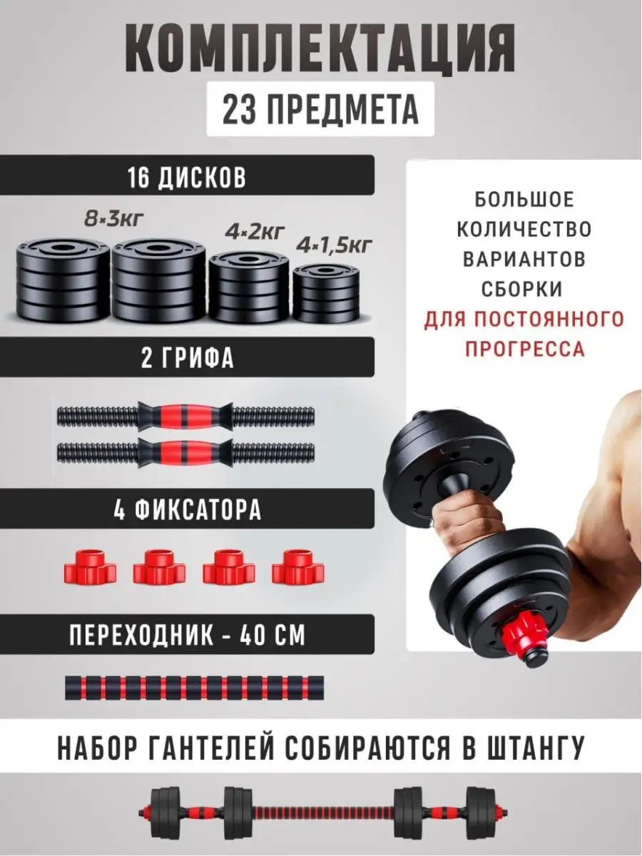 Гантели разборные 2 шт 40 кг со штангой для спорта и фитнеса FitnessActive  купить по цене 5 472 ₽ в интернет-магазине Wildberries | 156258687