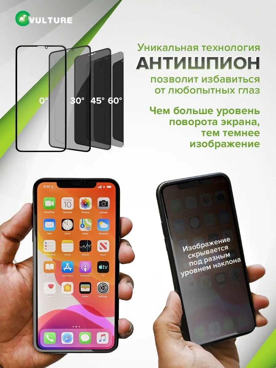 Защитное стекло на iPhone X, XS, 11 Pro антишпион VULTURE купить по цене  163 ₽ в интернет-магазине Wildberries | 159759609